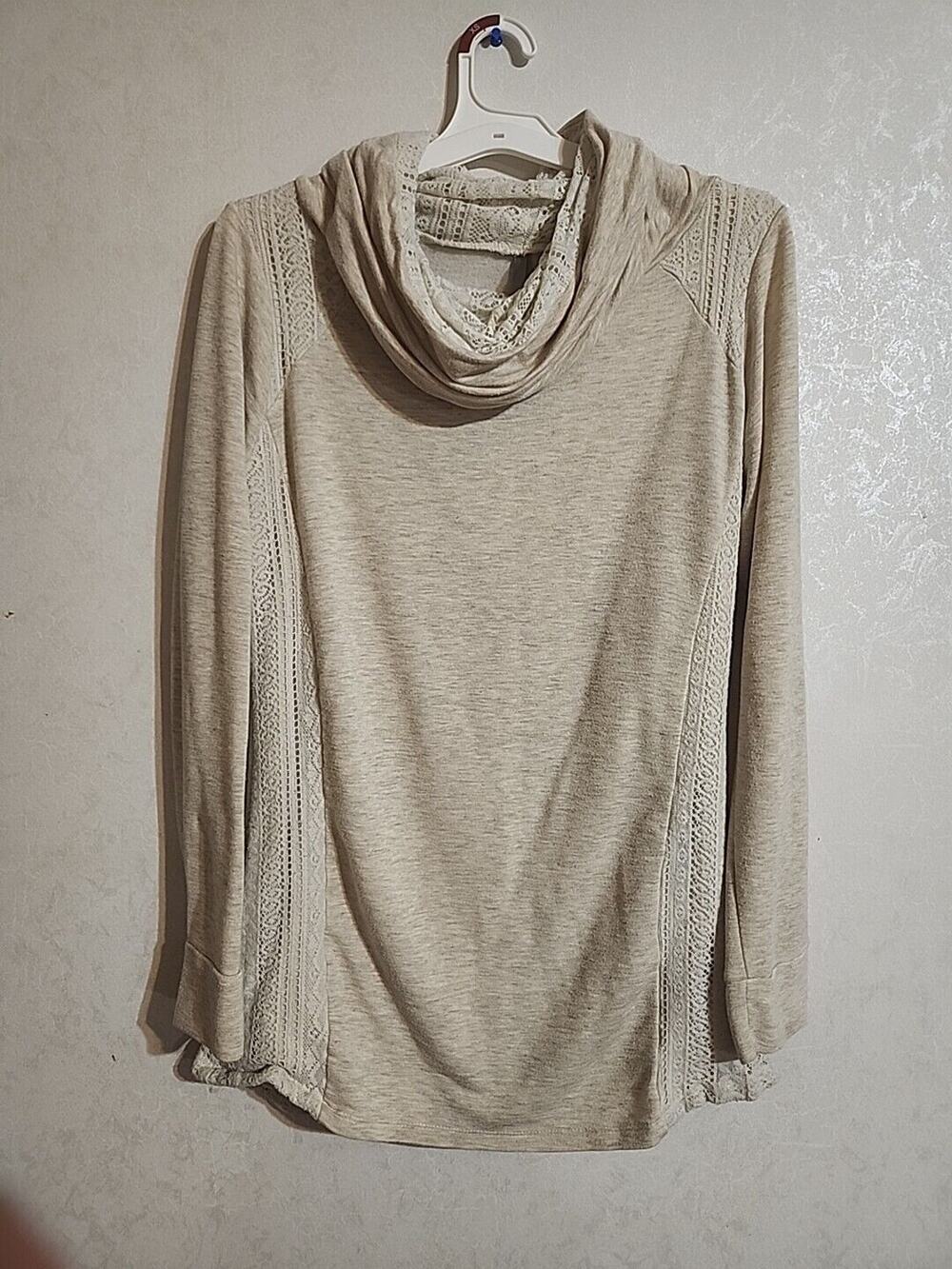 Vanity Womens Cowl Neck Sweater Lace sz XL Tunic Cream Gray